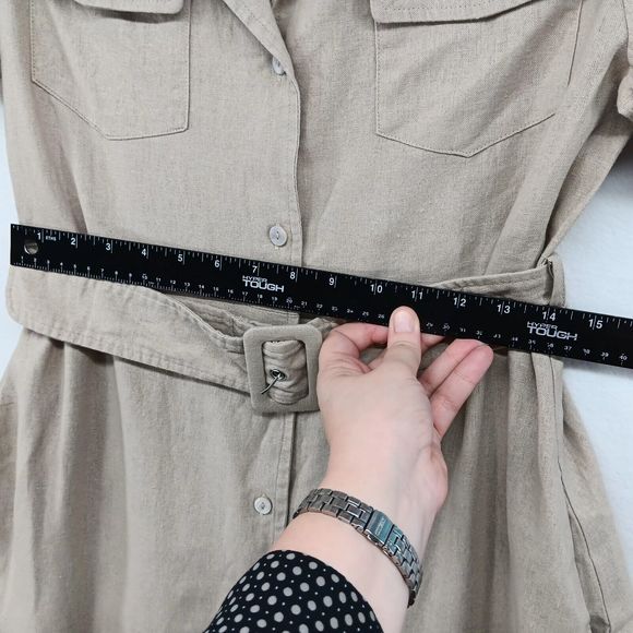 Tahari Linen Explorer Style Button-Up Dress SZ S Belt Pockets Midi Short Sleeve - Picture 13 of 16